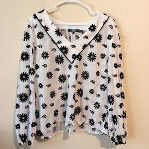 Eva Franco for Anthropologie Rita Textured Floral Blouse White Black Daisy XL